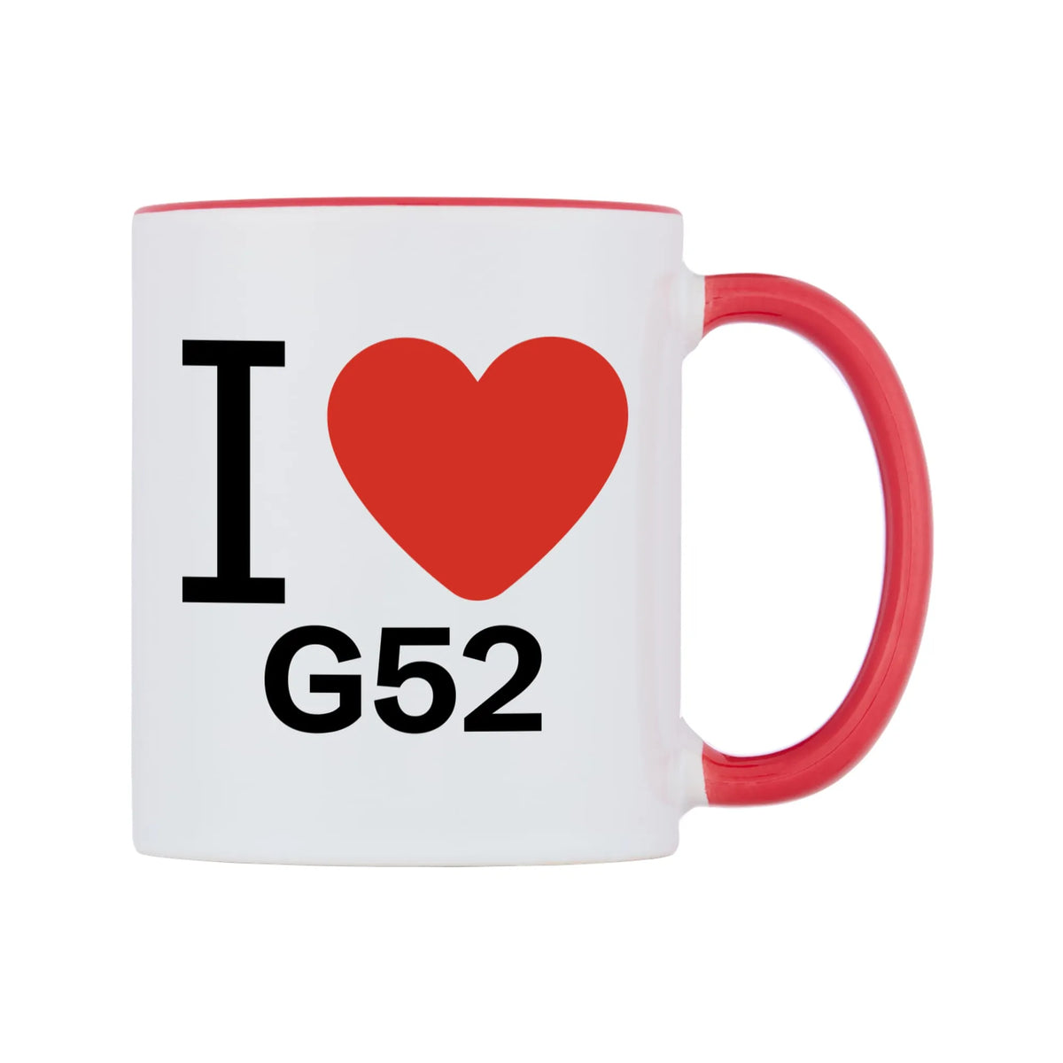 I Love G52 Mug — white 11oz gloss mug with a red inside and handle, left side, on a white background