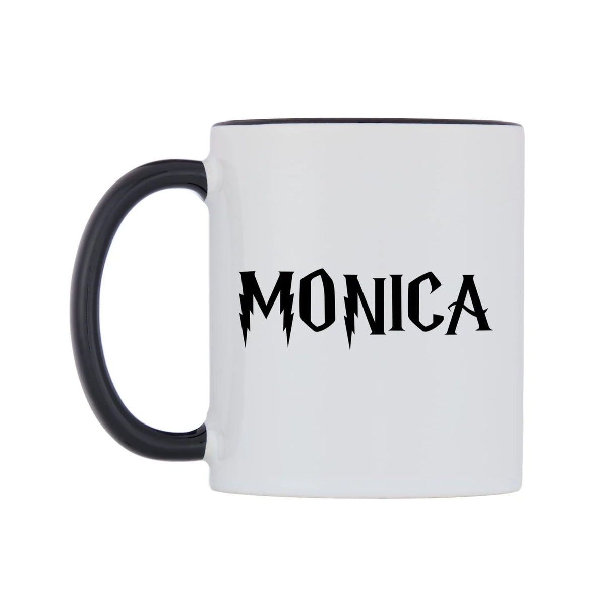 Monica - Wizard Themed Mug — white 11oz gloss mug with a black inside and handle, right side, on a white background