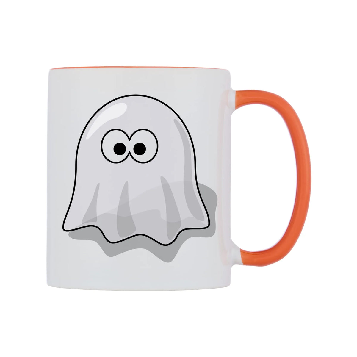 Little Ghost Mug — white 11oz gloss mug with a orange inside and handle, left side, on a white background