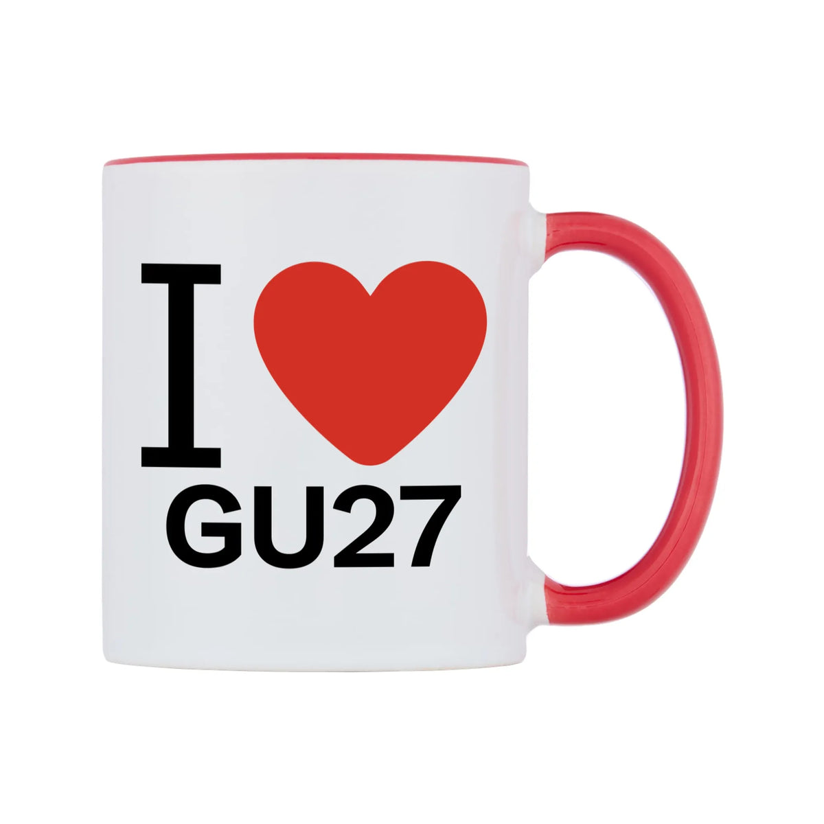 I Love GU27 Mug — white 11oz gloss mug with a red inside and handle, left side, on a white background