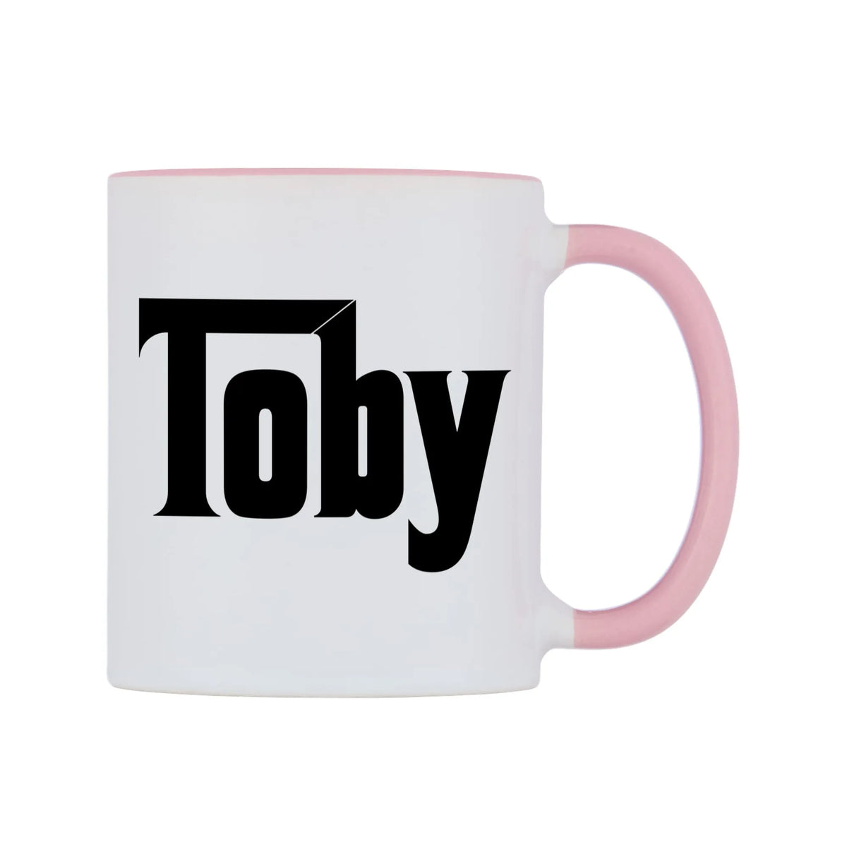 Toby - Godfather Themed Mug — white 11oz gloss mug with a pink inside and handle, left side, on a white background