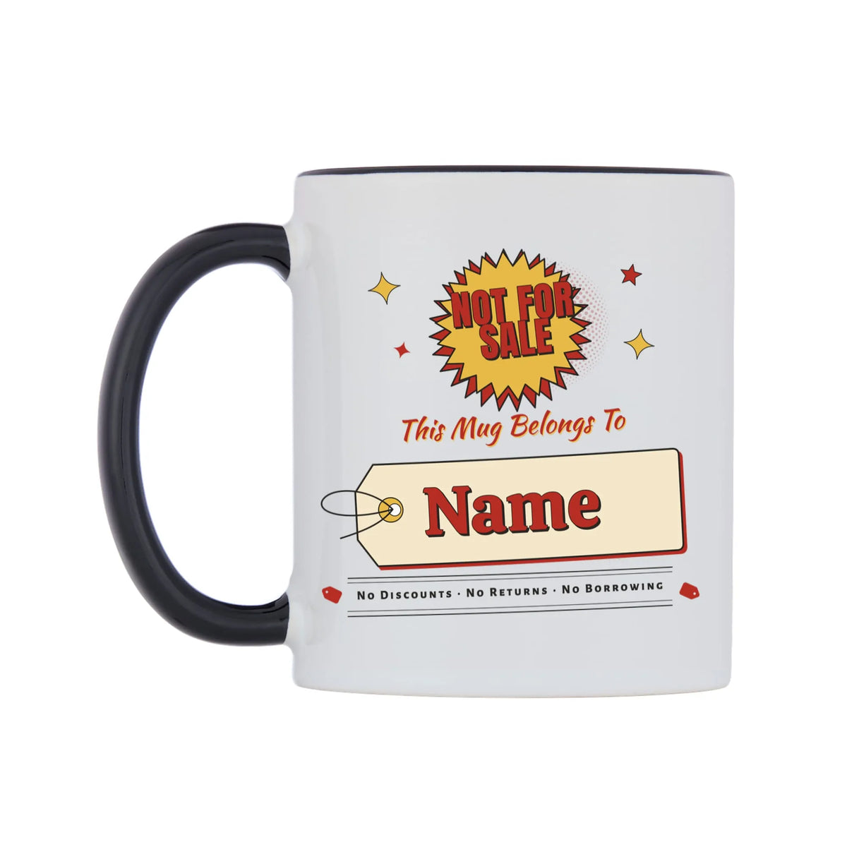 Not For Sale Swing Tag Mug — white 11oz gloss mug with a black inside and handle, on a white background