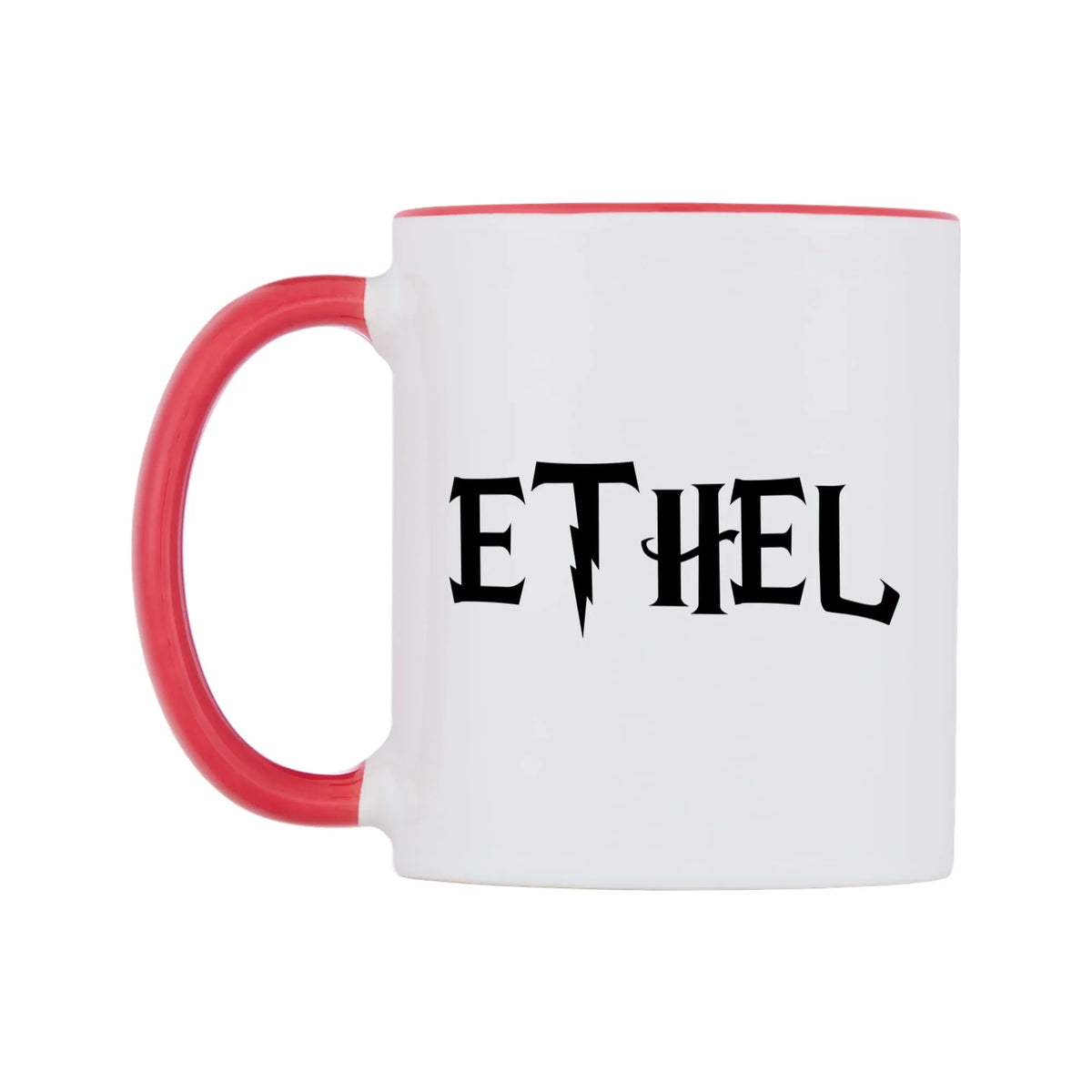 Ethel - Wizard Themed Mug — white 11oz gloss mug with a red inside and handle, right side, on a white background