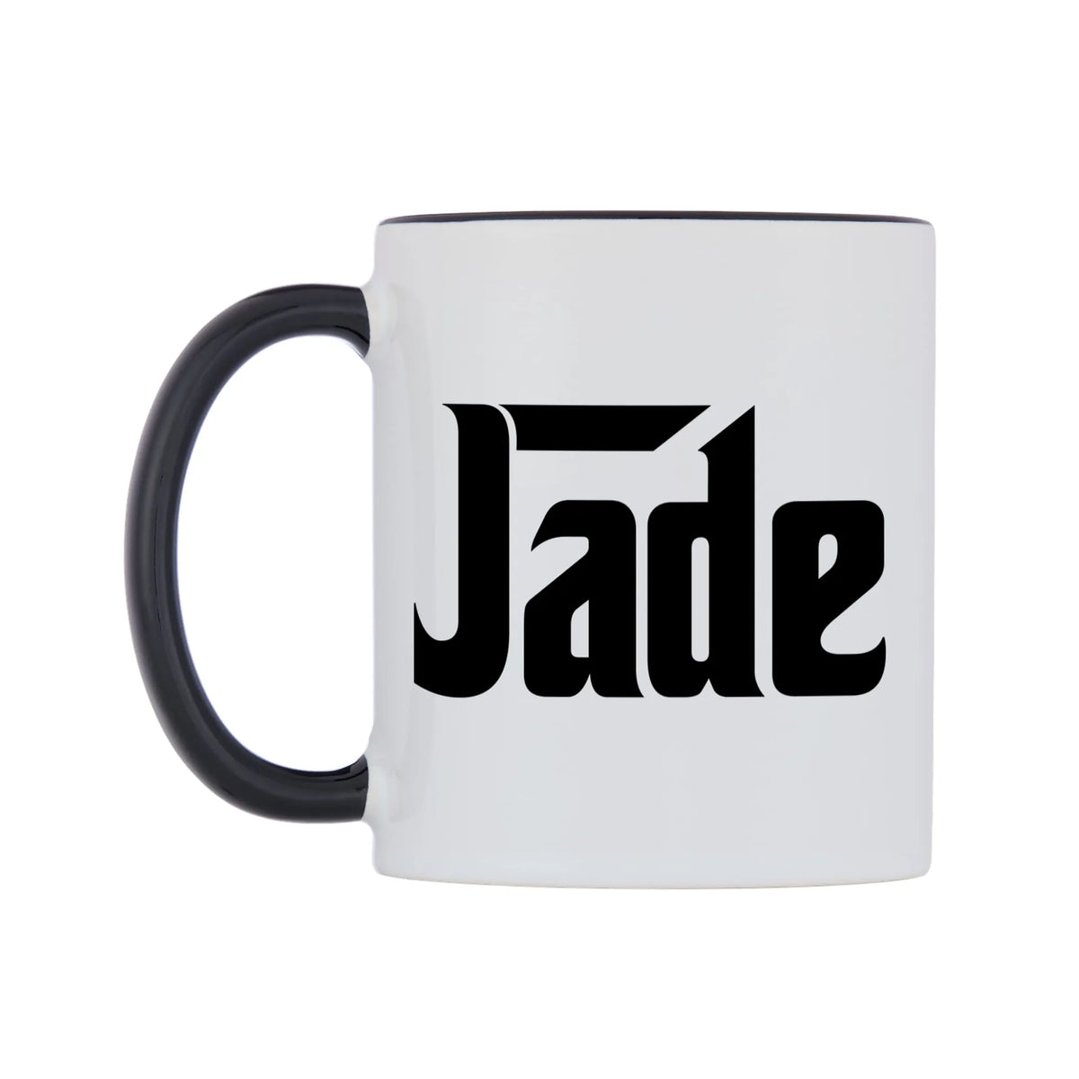 Jade - Godfather Themed Mug — white 11oz gloss mug with a black inside and handle, right side, on a white background