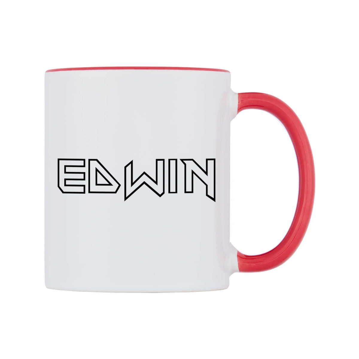 Edwin - Iron Maiden Themed Mug — white 11oz gloss mug with a red inside and handle, left side, on a white background