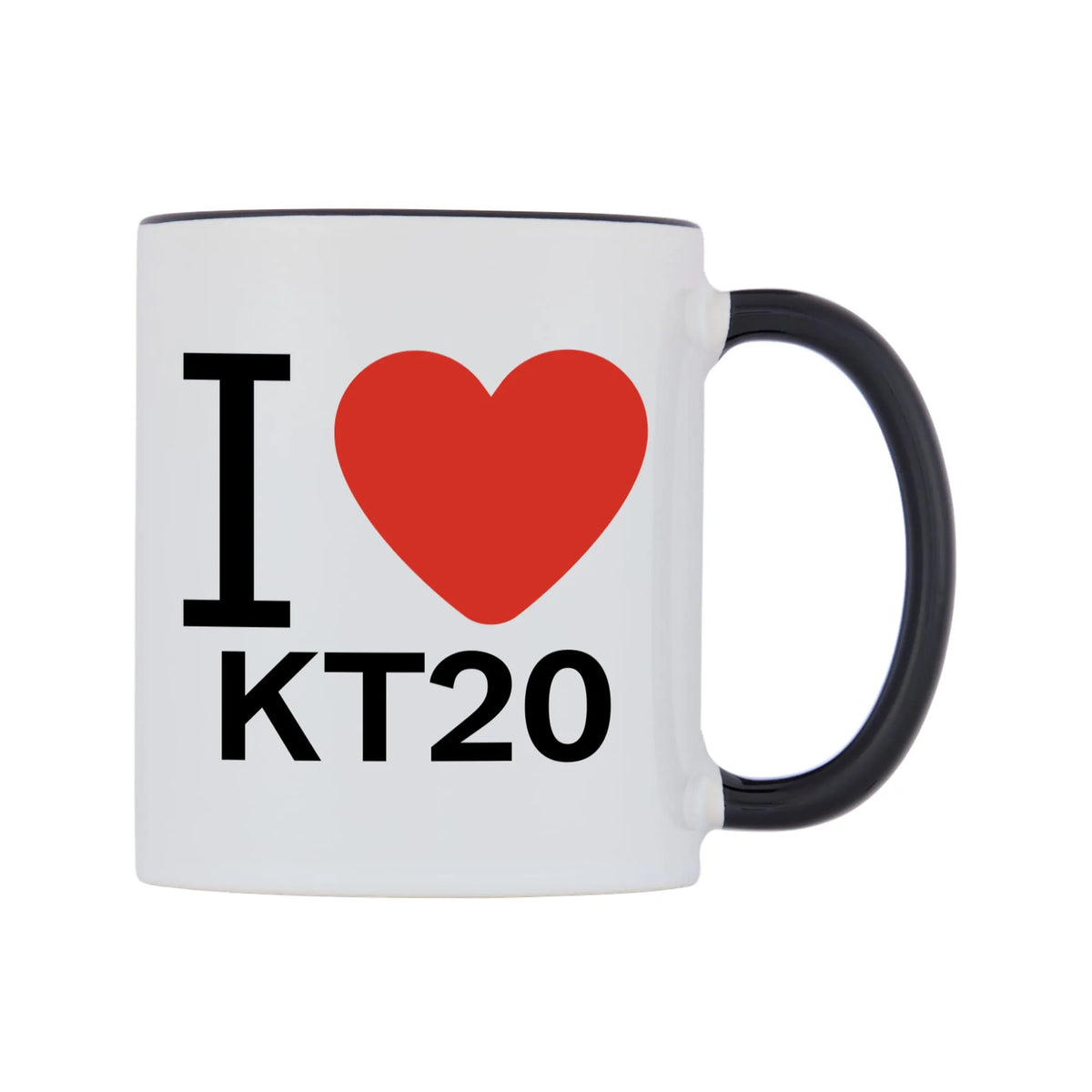 I Love KT20 Mug — white 11oz gloss mug with a black inside and handle, left side, on a white background