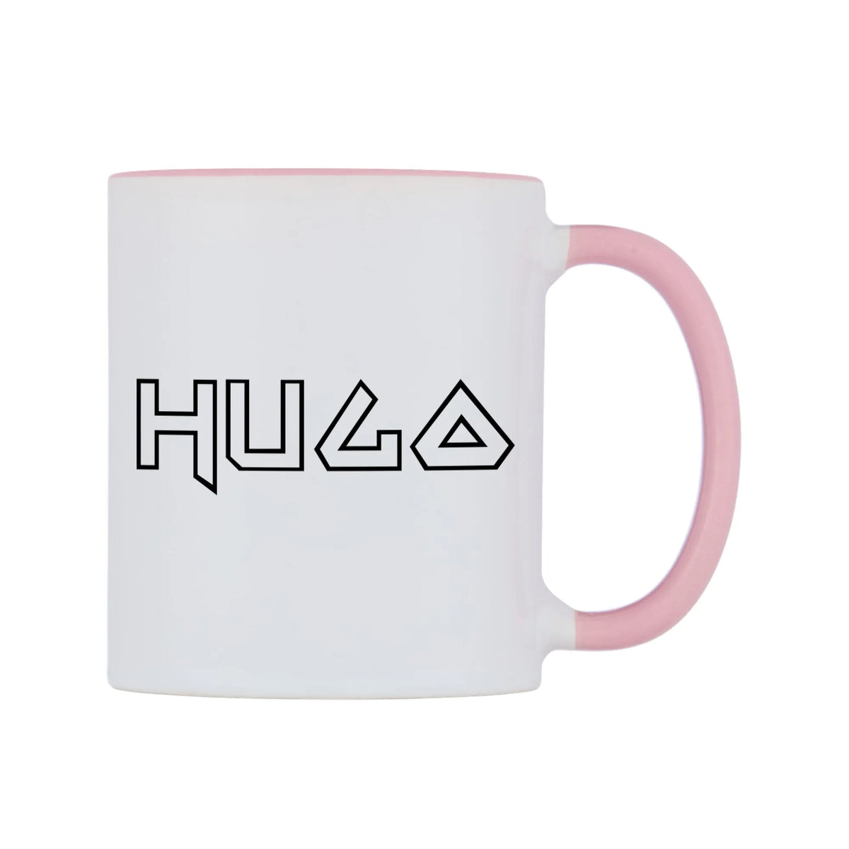 Hugo - Iron Maiden Themed Mug — white 11oz gloss mug with a pink inside and handle, left side, on a white background