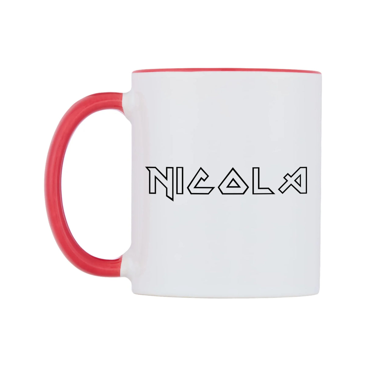 Nicola - Iron Maiden Themed Mug — white 11oz gloss mug with a red inside and handle, right side, on a white background