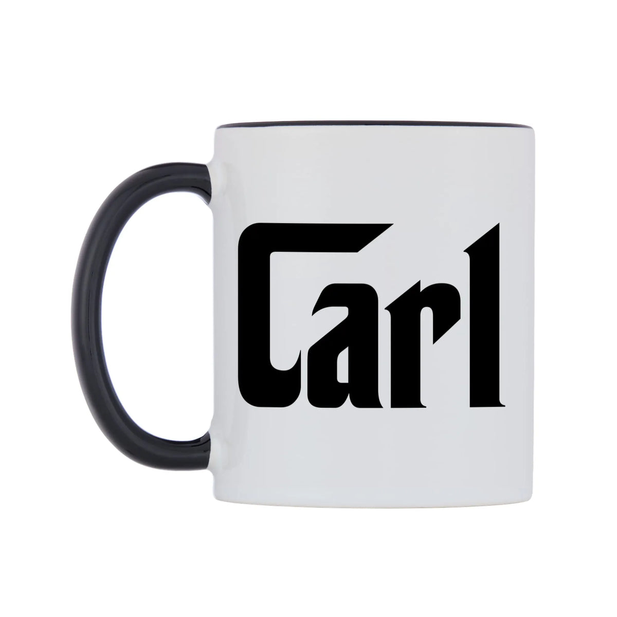 Carl - Godfather Themed Mug — white 11oz gloss mug with a black inside and handle, right side, on a white background