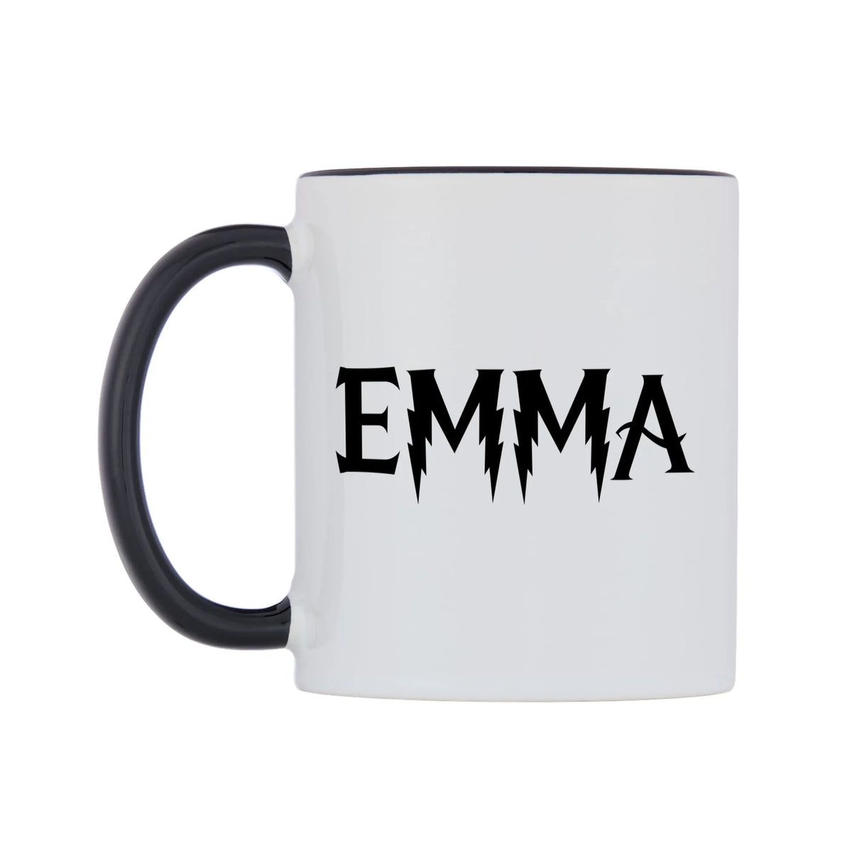 Emma - Wizard Themed Mug — white 11oz gloss mug with a black inside and handle, right side, on a white background