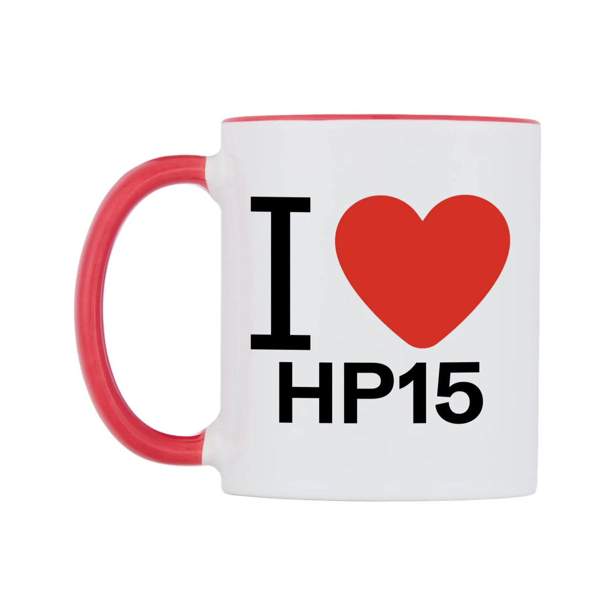 I Love HP15 Mug — white 11oz gloss mug with a red inside and handle, right side, on a white background