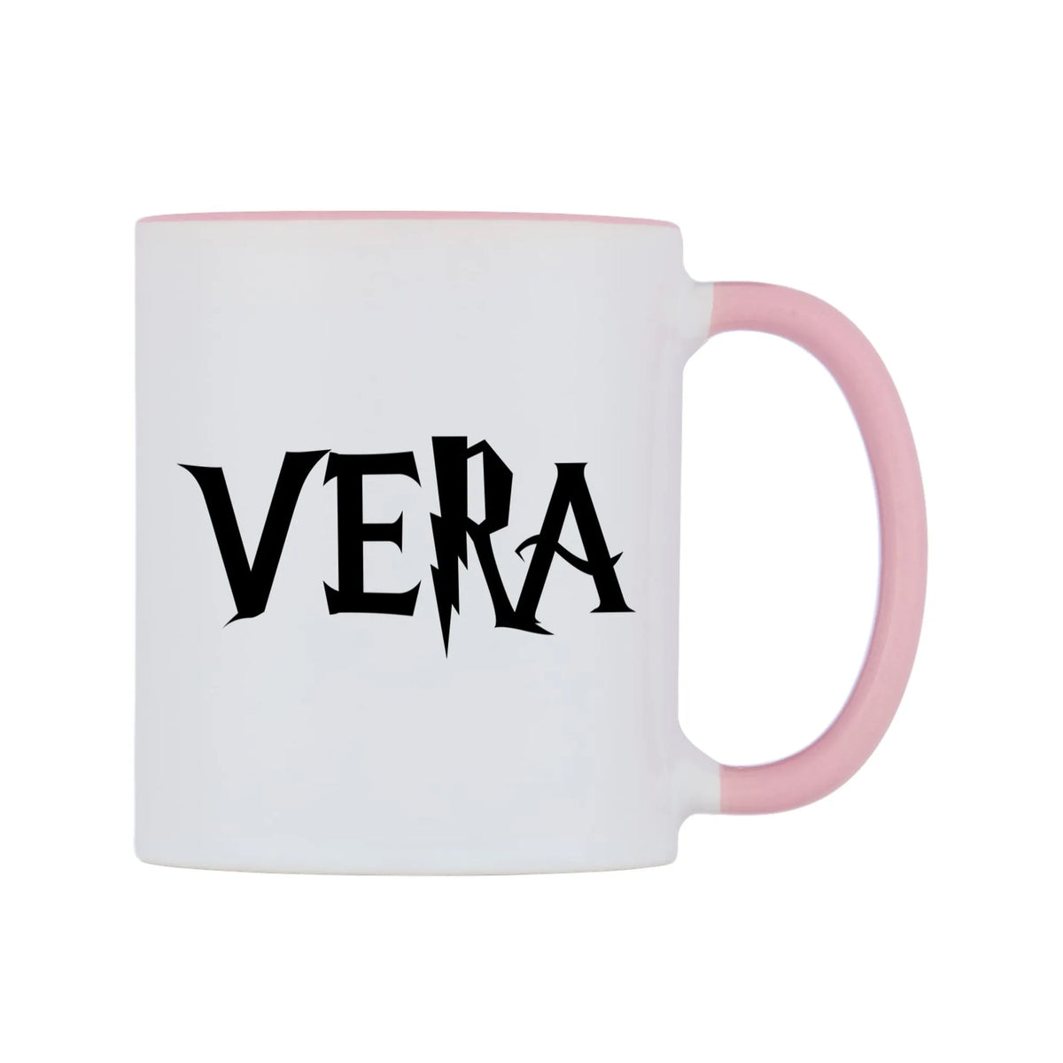 Vera - Wizard Themed Mug — white 11oz gloss mug with a pink inside and handle, left side, on a white background