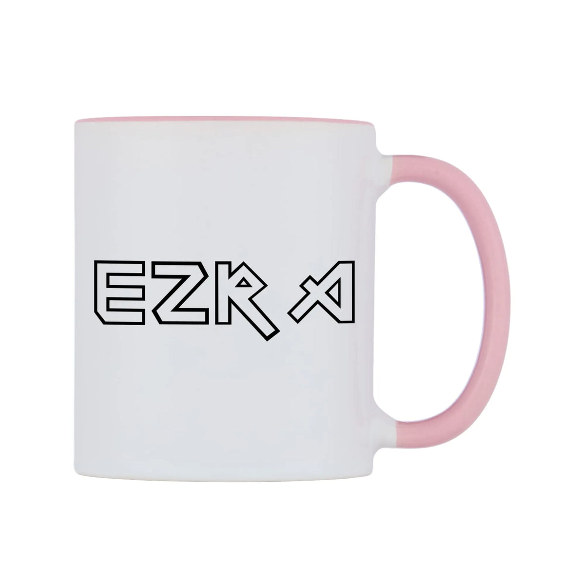 Ezra - Iron Maiden Themed Mug — white 11oz gloss mug with a pink inside and handle, left side, on a white background