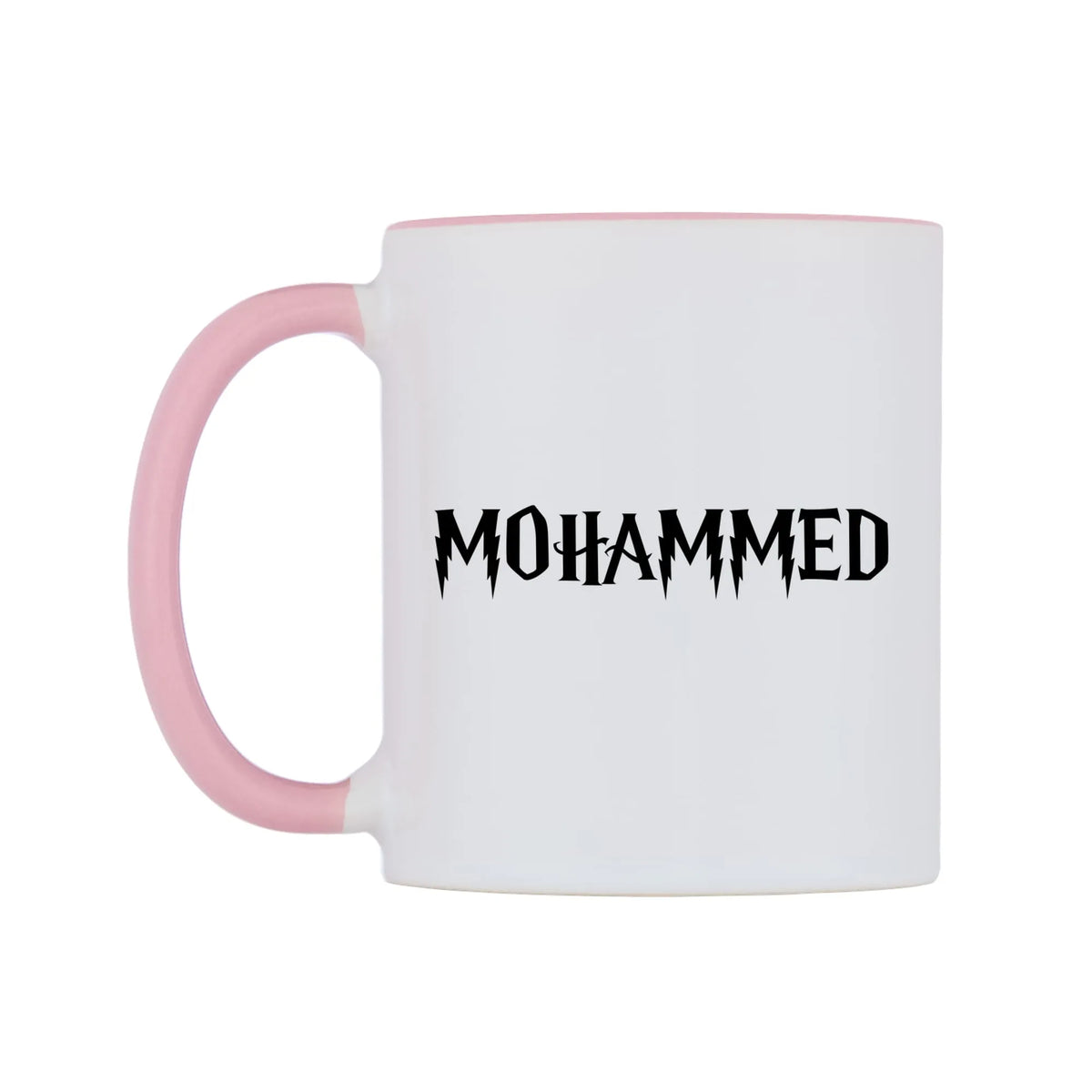 Mohammed - Wizard Themed Mug — white 11oz gloss mug with a pink inside and handle, right side, on a white background