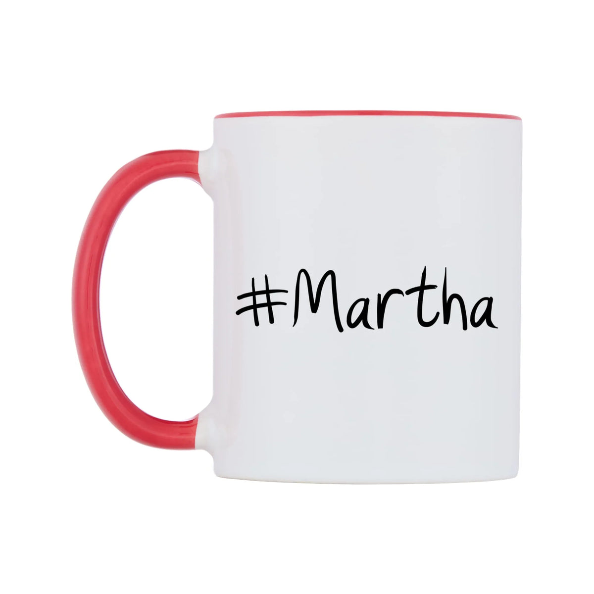 Martha Mug — white 11oz gloss mug with a red inside and handle, right side, on a white background