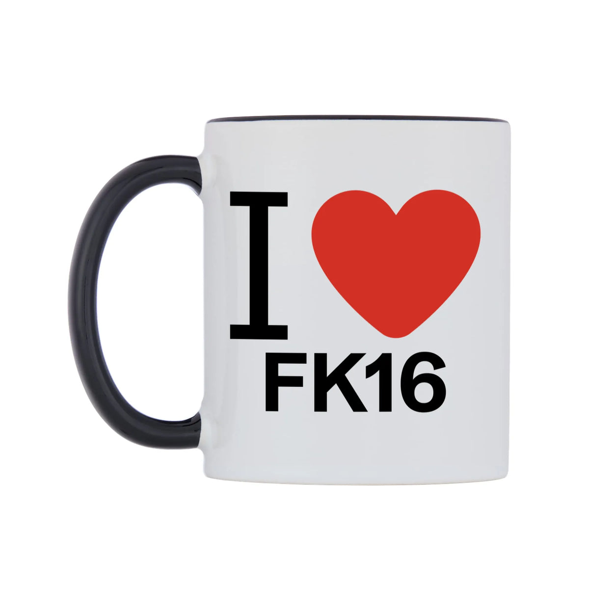 I Love FK16 Mug — white 11oz gloss mug with a black inside and handle, right side, on a white background