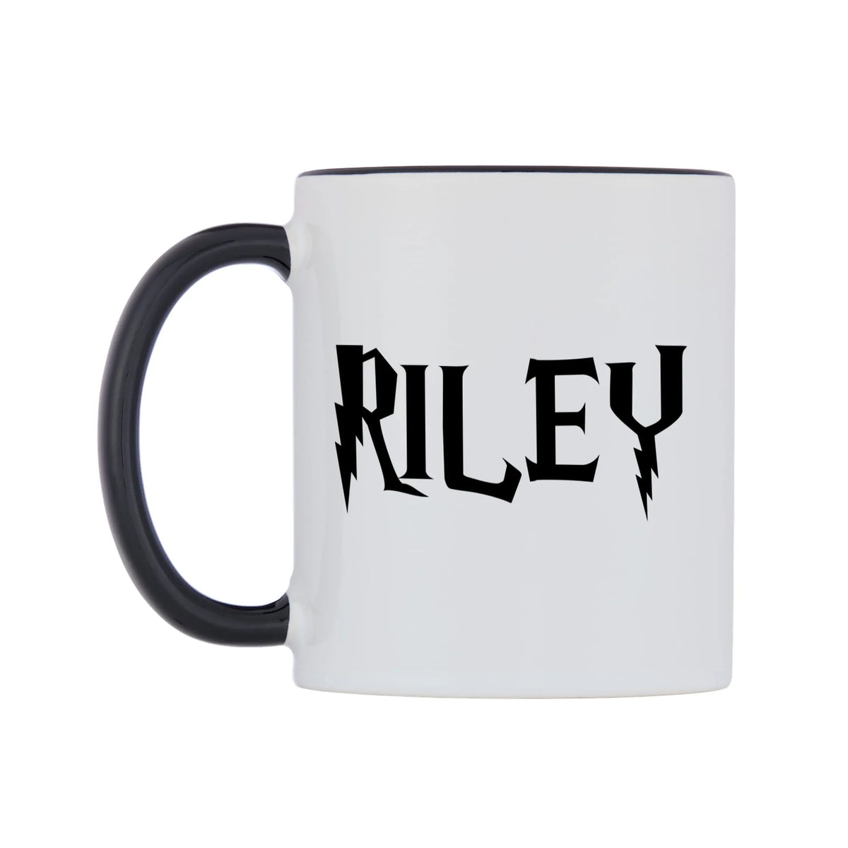 Riley - Wizard Themed Mug — white 11oz gloss mug with a black inside and handle, right side, on a white background
