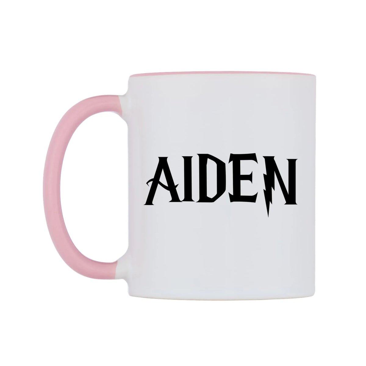 Aiden - Wizard Themed Mug — white 11oz gloss mug with a pink inside and handle, right side, on a white background