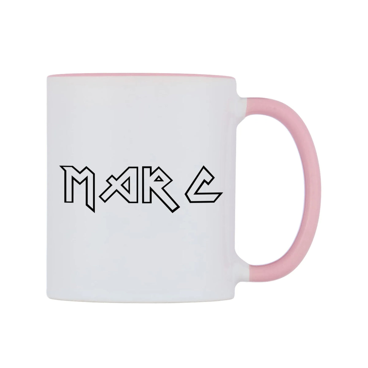 Marc - Iron Maiden Themed Mug — white 11oz gloss mug with a pink inside and handle, left side, on a white background