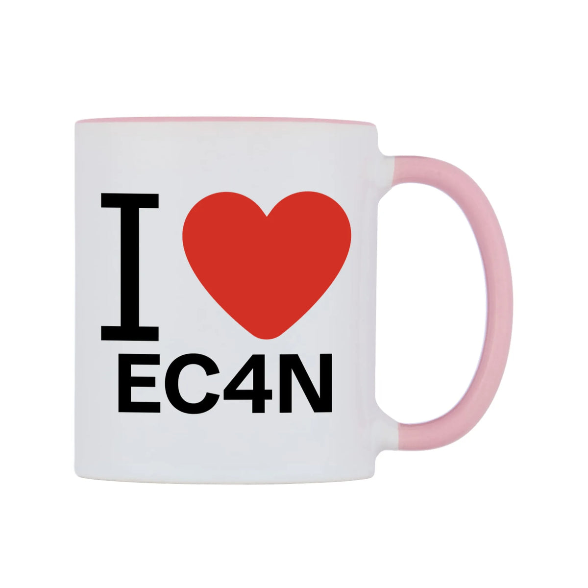 I Love EC4N Mug — white 11oz gloss mug with a pink inside and handle, left side, on a white background