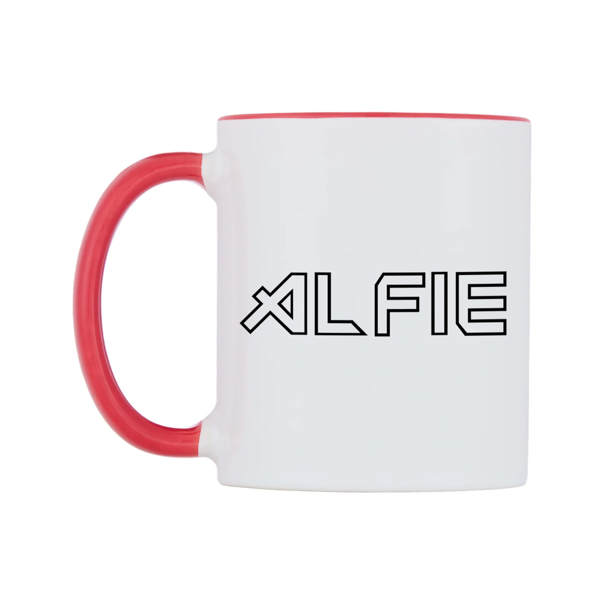 Alfie - Iron Maiden Themed Mug — white 11oz gloss mug with a red inside and handle, right side, on a white background