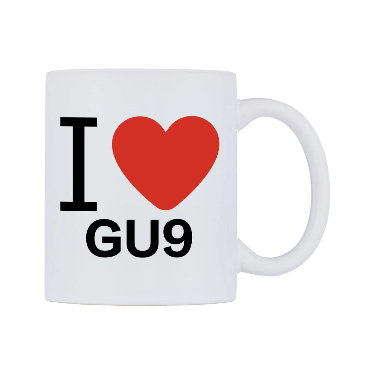 I Love GU9 Mug — white 11oz gloss mug, left side, on a white background
