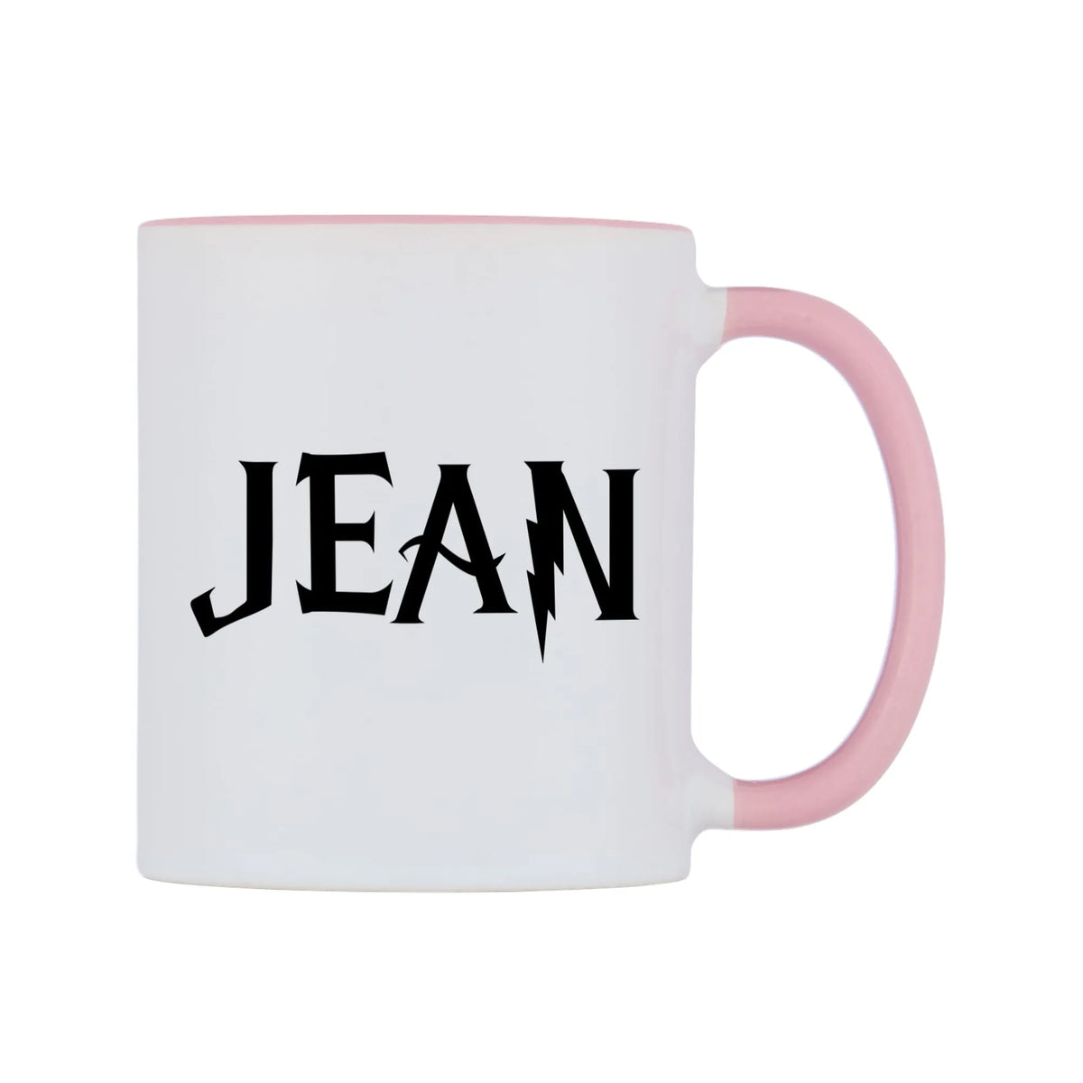 Jean - Wizard Themed Mug — white 11oz gloss mug with a pink inside and handle, left side, on a white background