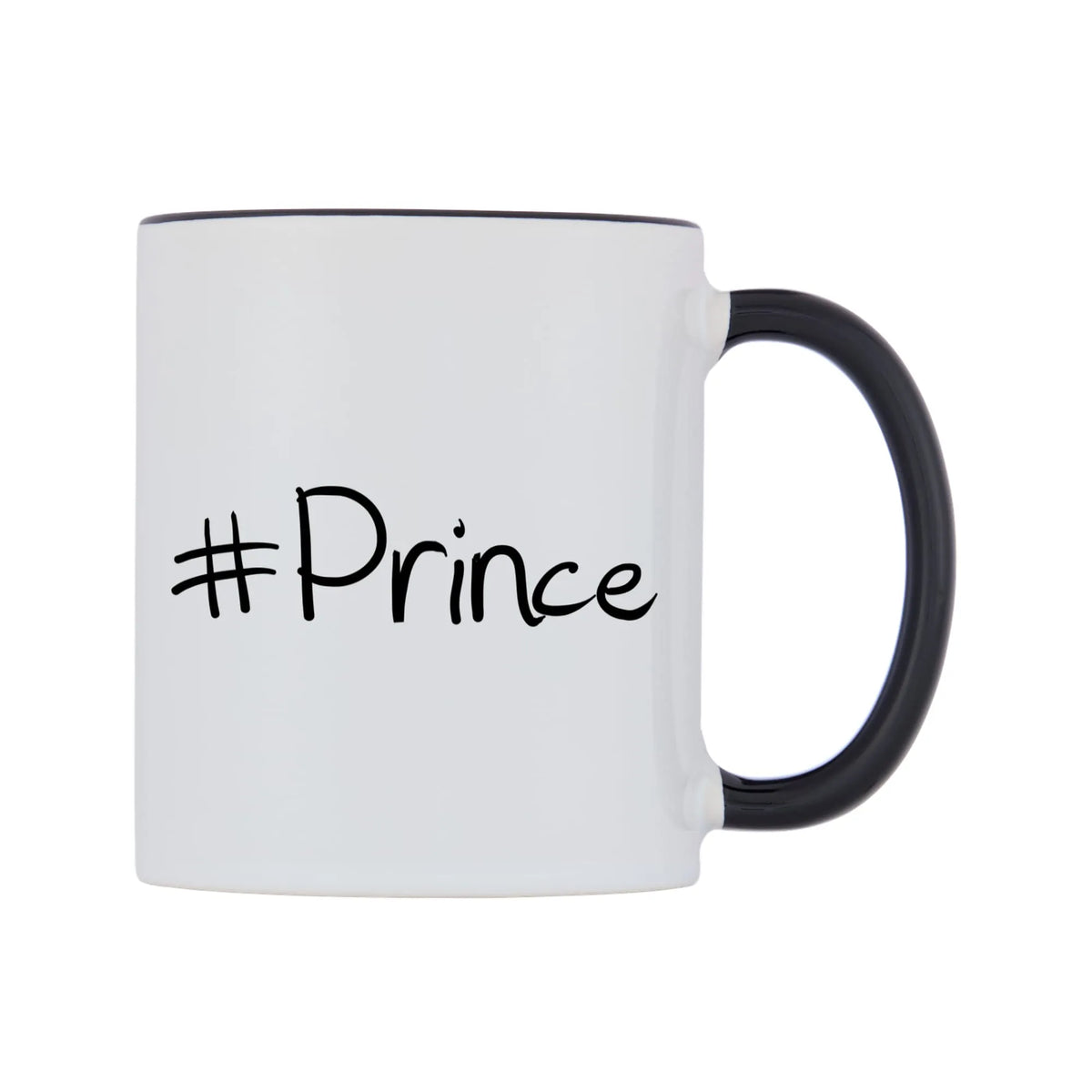 Prince Mug — white 11oz gloss mug with a black inside and handle, left side, on a white background