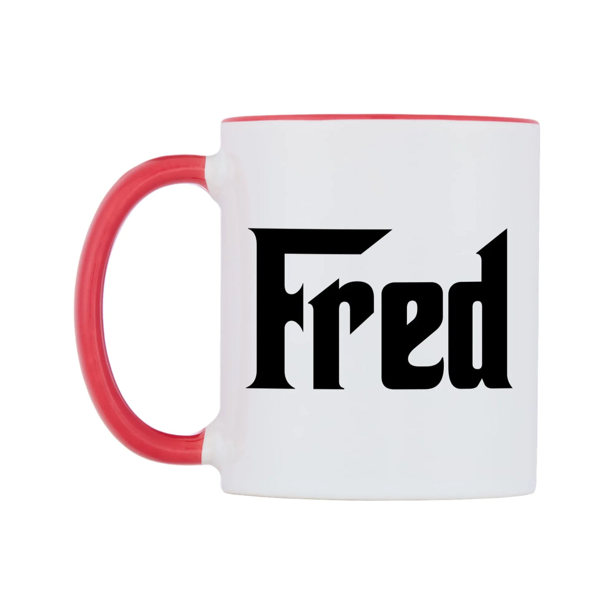 Fred - Godfather Themed Mug — white 11oz gloss mug with a red inside and handle, right side, on a white background