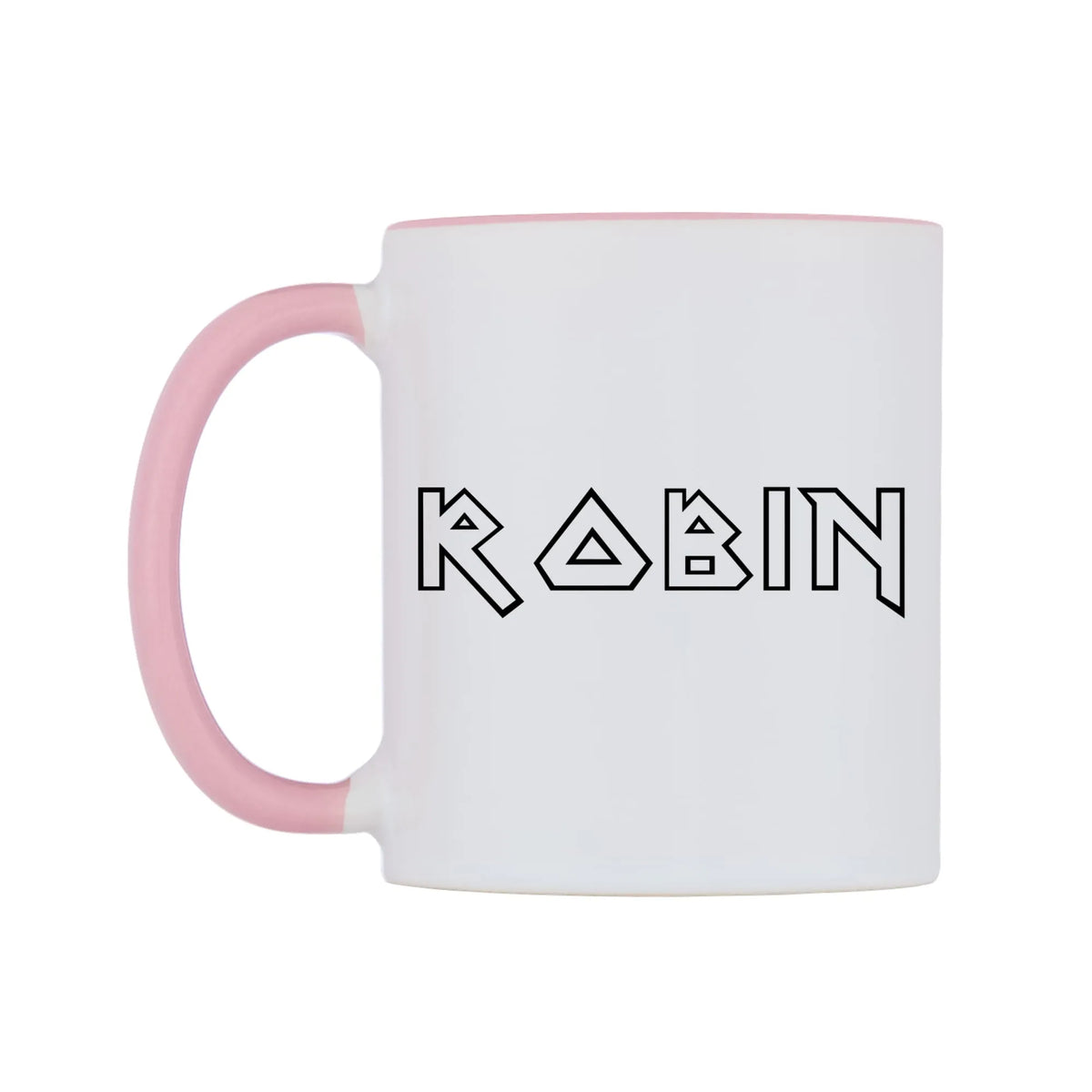 Robin - Iron Maiden Themed Mug — white 11oz gloss mug with a pink inside and handle, right side, on a white background