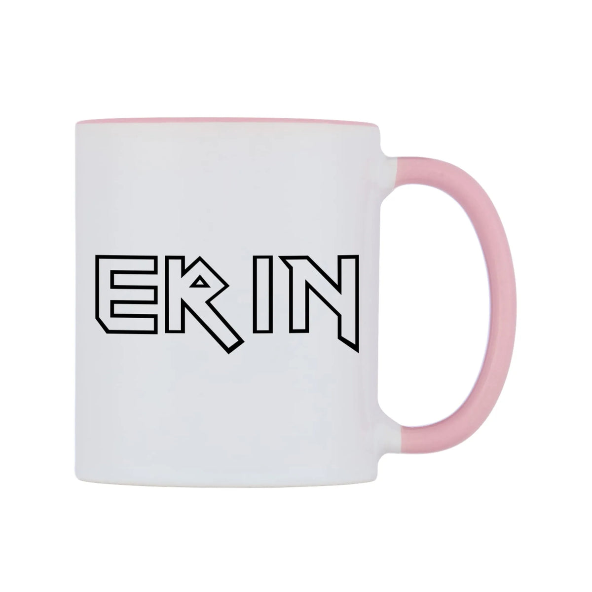 Erin - Iron Maiden Themed Mug — white 11oz gloss mug with a pink inside and handle, left side, on a white background
