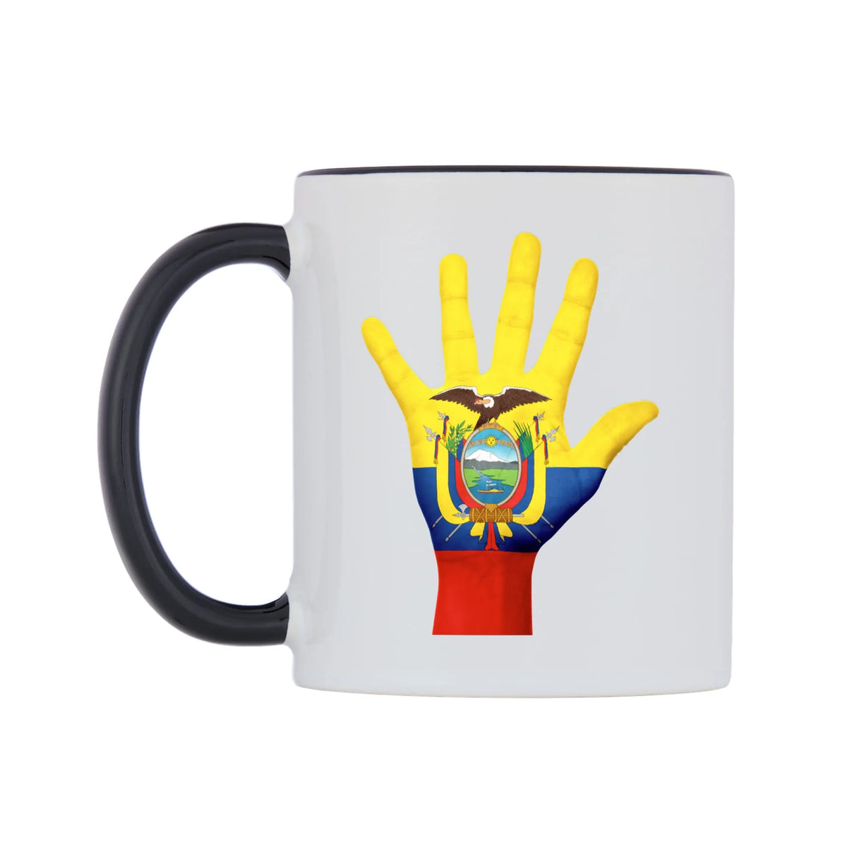 Ecuador Hand Flag Mug — white 11oz gloss mug with a black inside and handle, right side, on a white background