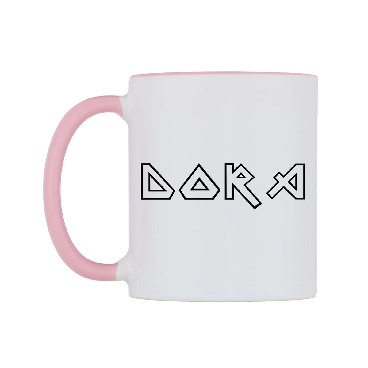 Dora - Iron Maiden Themed Mug — white 11oz gloss mug with a pink inside and handle, right side, on a white background