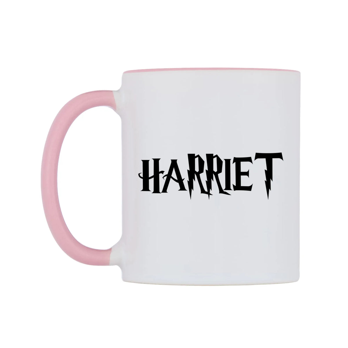 Harriet - Wizard Themed Mug — white 11oz gloss mug with a pink inside and handle, right side, on a white background