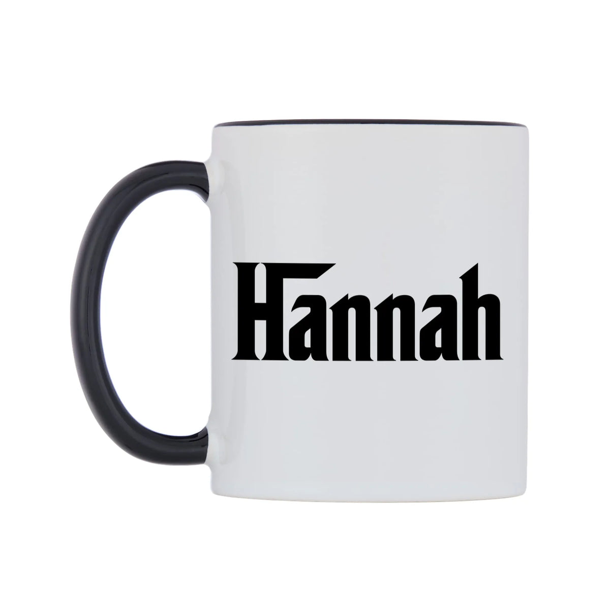 Hannah - Godfather Themed Mug — white 11oz gloss mug with a black inside and handle, right side, on a white background