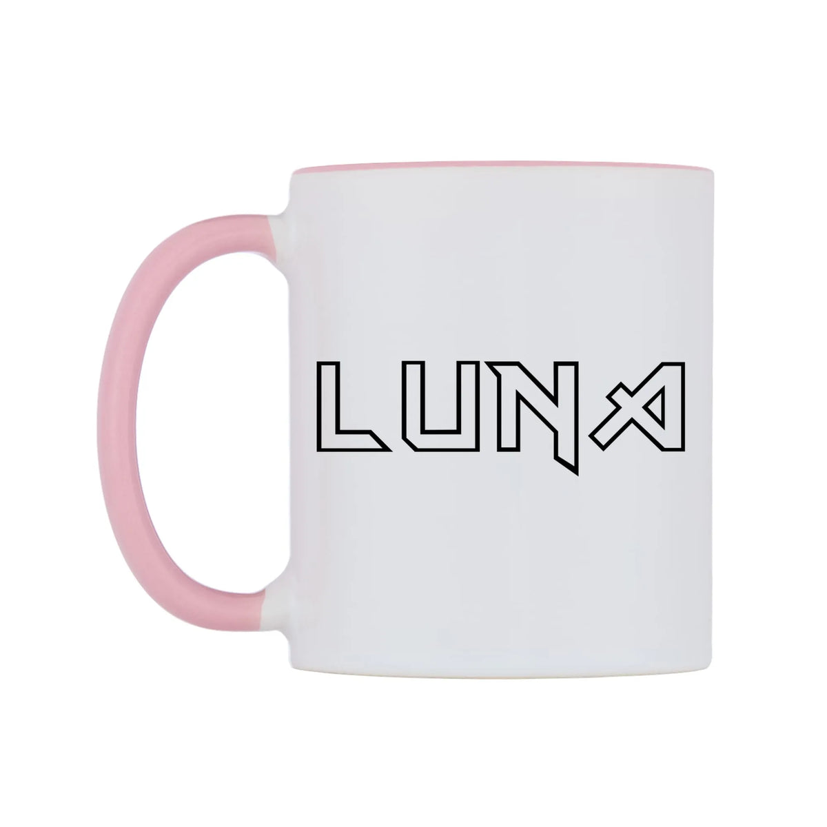 Luna - Iron Maiden Themed Mug — white 11oz gloss mug with a pink inside and handle, right side, on a white background