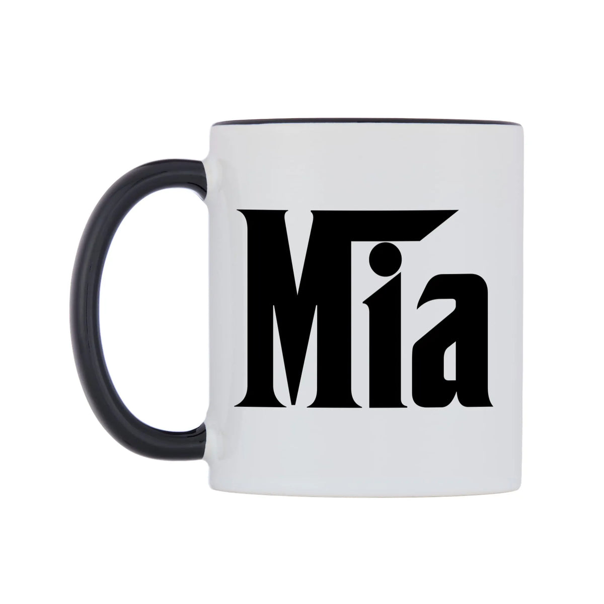 Mia - Godfather Themed Mug — white 11oz gloss mug with a black inside and handle, right side, on a white background