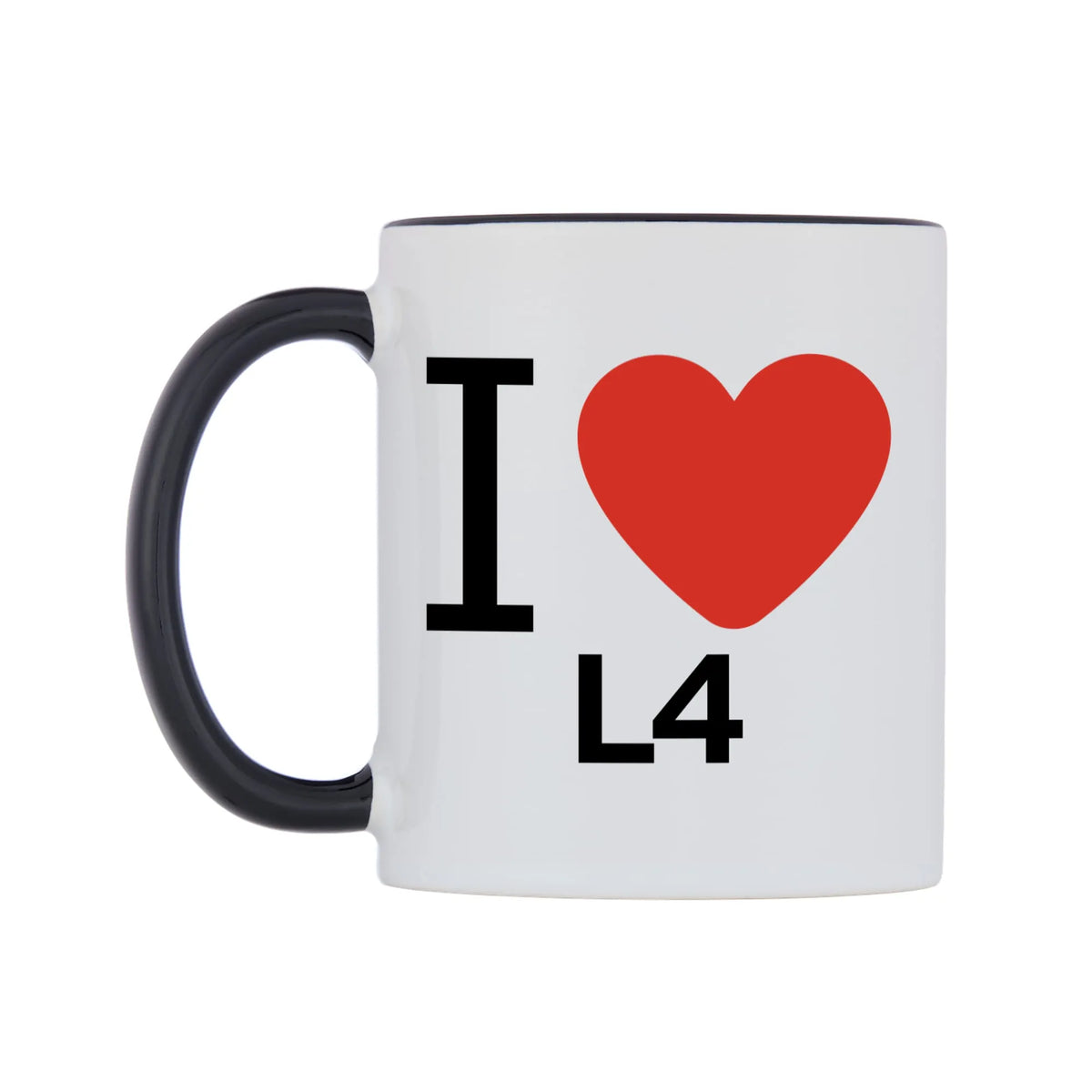 I Love L4 Mug — white 11oz gloss mug with a black inside and handle, right side, on a white background