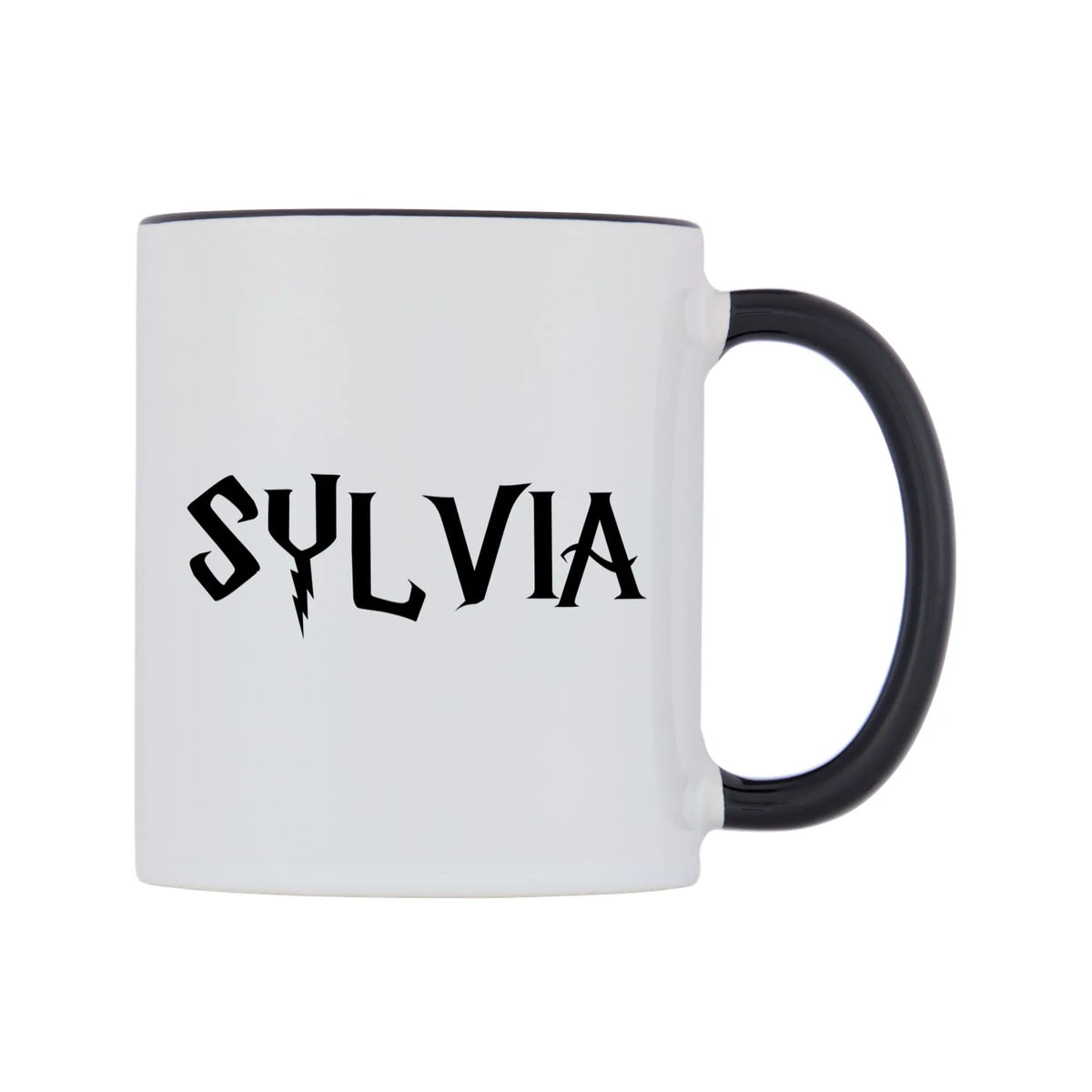 Sylvia - Wizard Themed Mug — white 11oz gloss mug with a black inside and handle, left side, on a white background