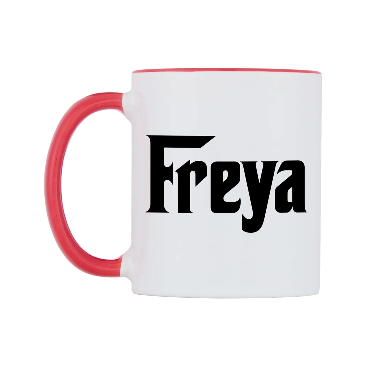 Freya - Godfather Themed Mug — white 11oz gloss mug with a red inside and handle, right side, on a white background