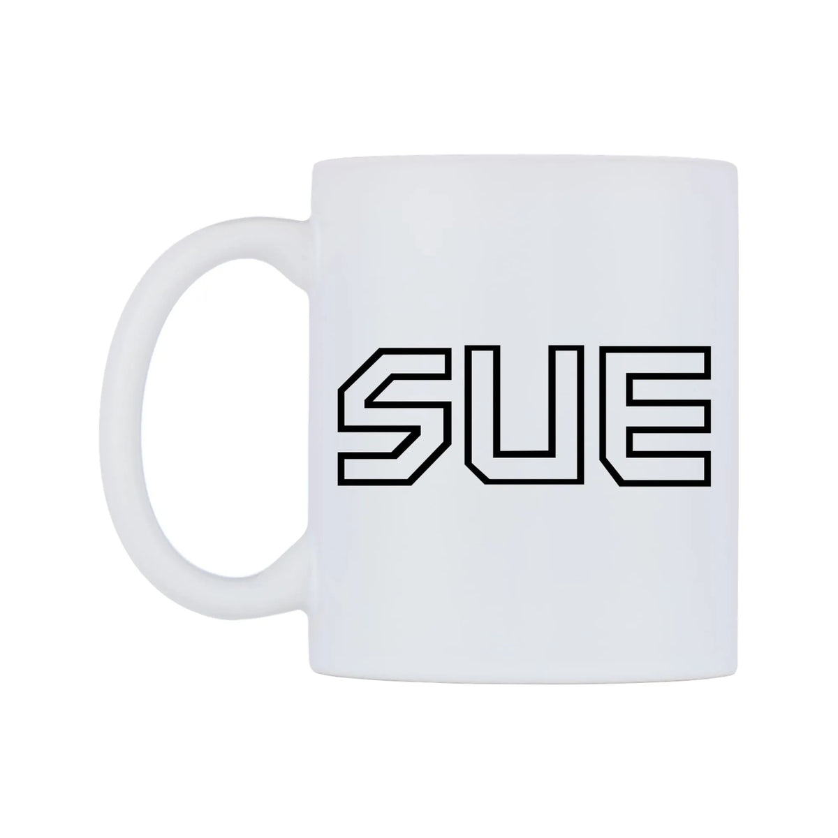 Sue - Iron Maiden Themed Mug — white 11oz gloss mug, right side, on a white background