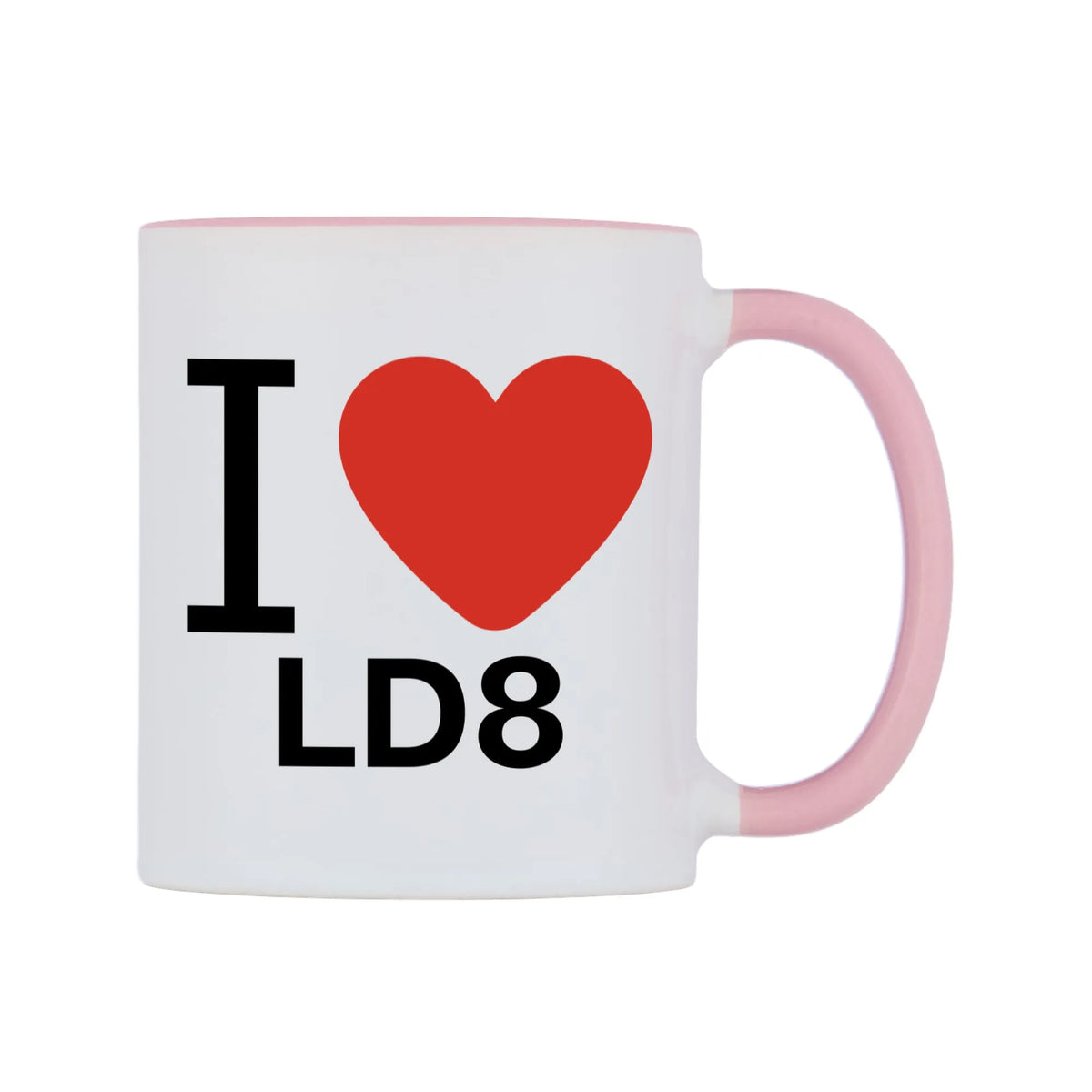 I Love LD8 Mug — white 11oz gloss mug with a pink inside and handle, left side, on a white background