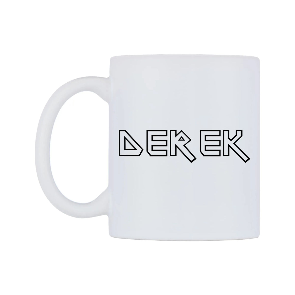 Derek - Iron Maiden Themed Mug — white 11oz gloss mug, right side, on a white background