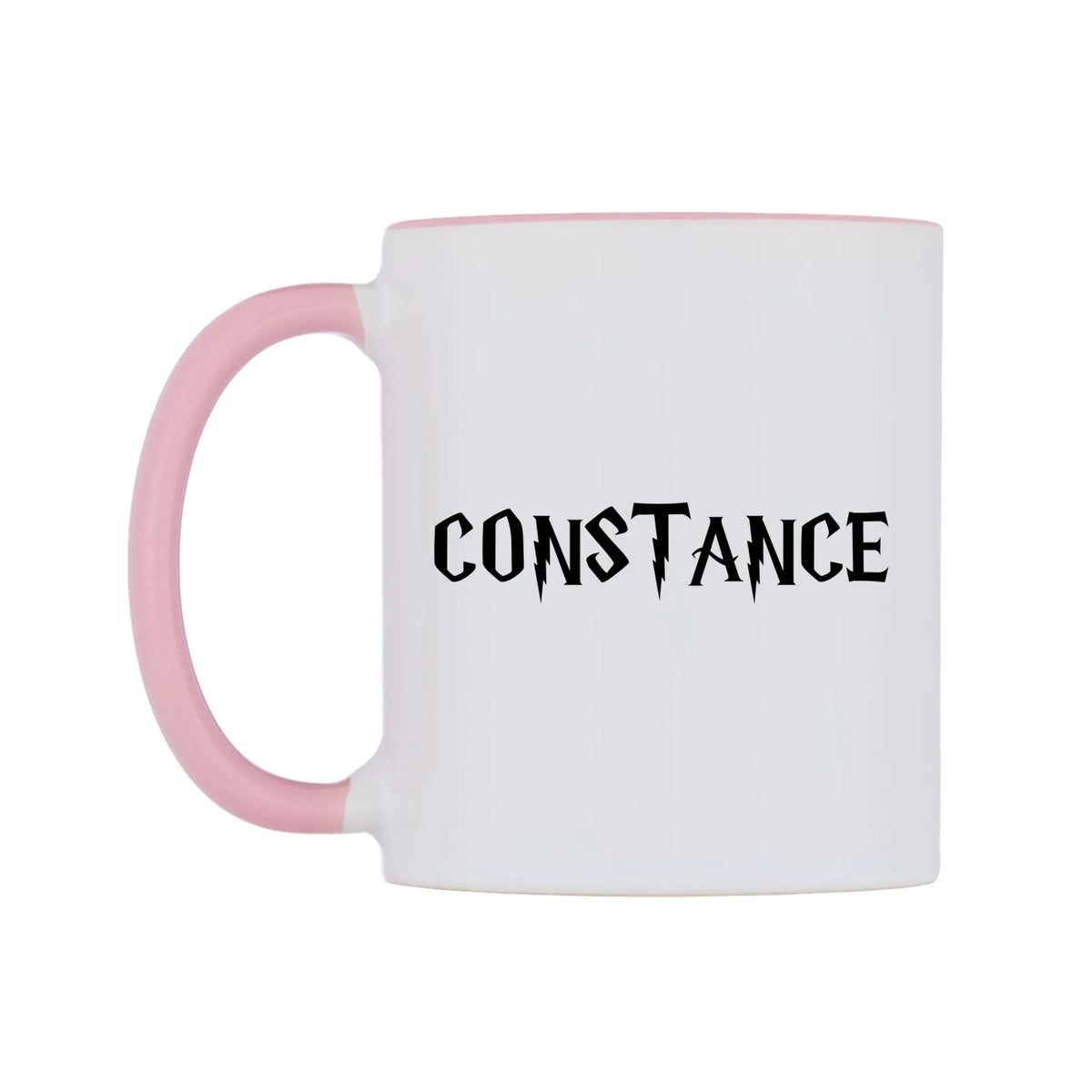 Constance - Wizard Themed Mug — white 11oz gloss mug with a pink inside and handle, right side, on a white background