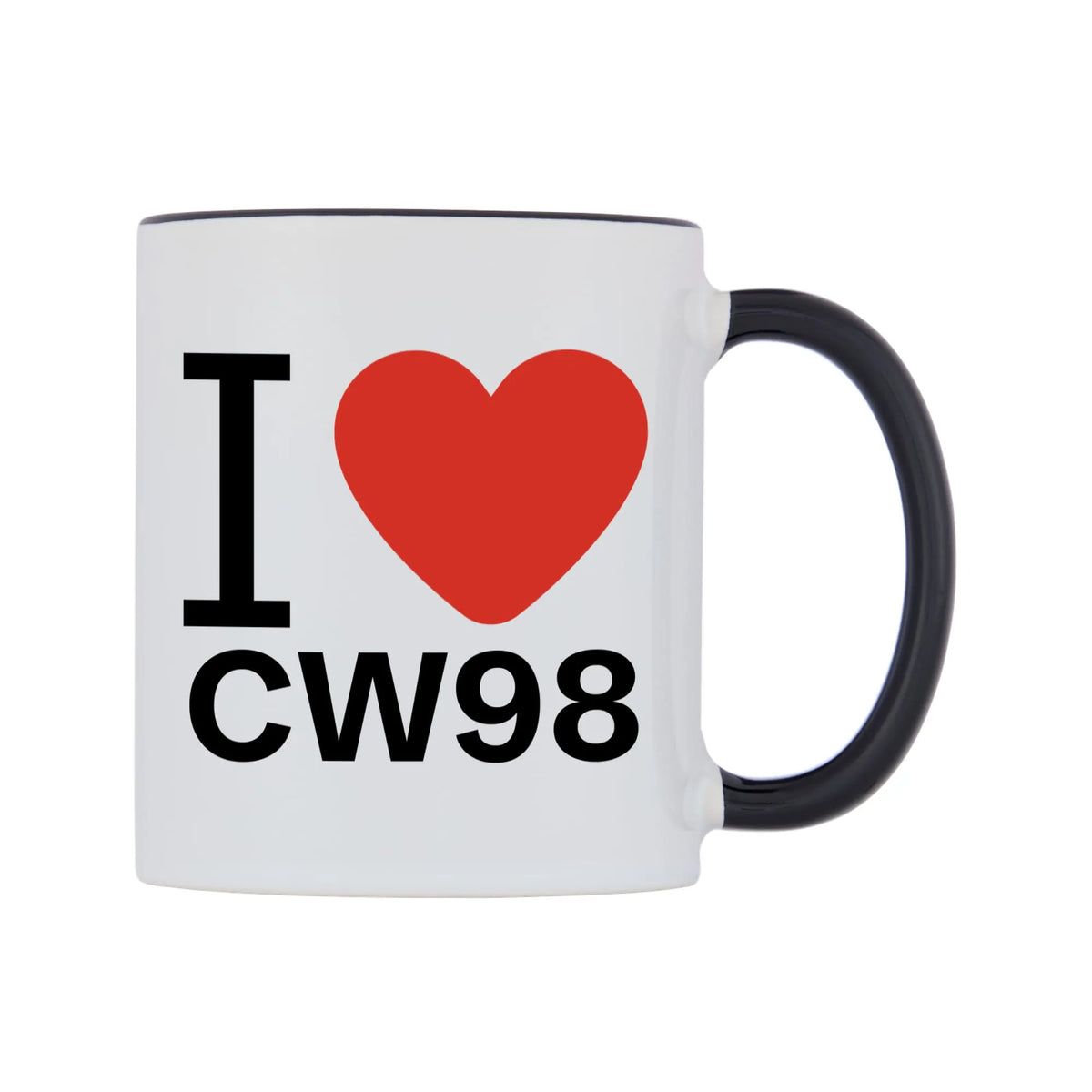 I Love CW98 Mug — white 11oz gloss mug with a black inside and handle, left side, on a white background