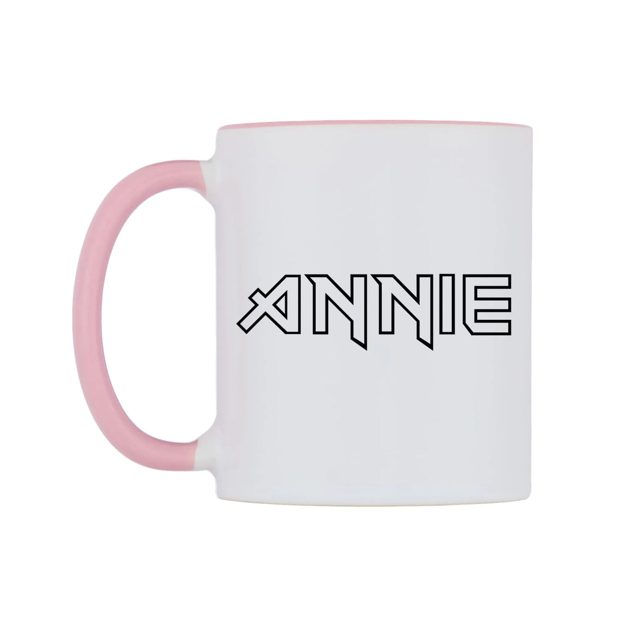 Annie - Iron Maiden Themed Mug — white 11oz gloss mug with a pink inside and handle, right side, on a white background