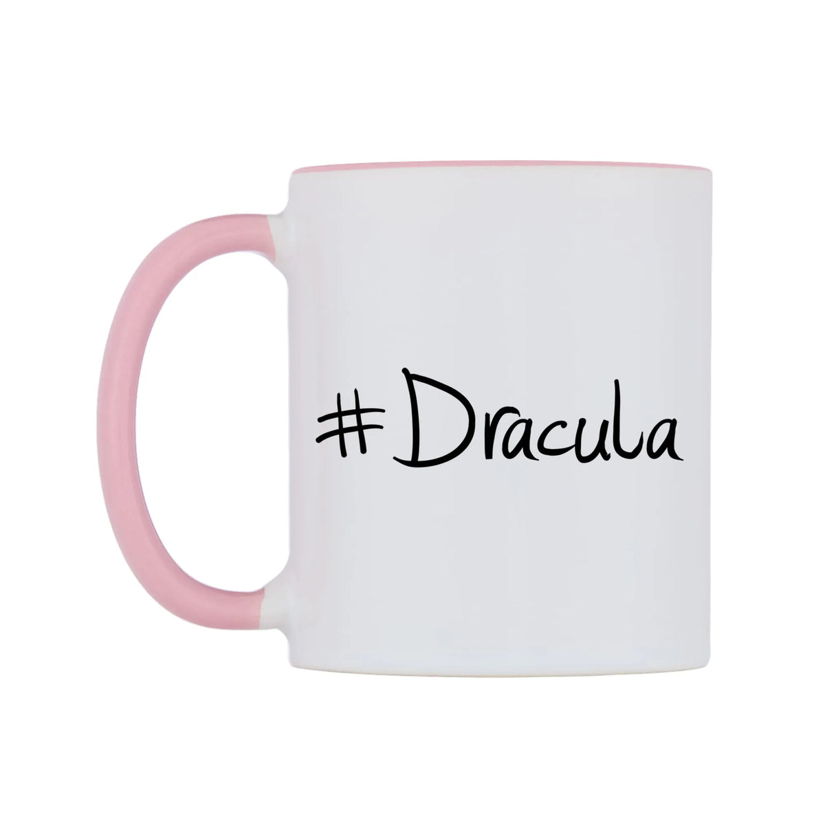 Dracula Mug — white 11oz gloss mug with a pink inside and handle, right side, on a white background