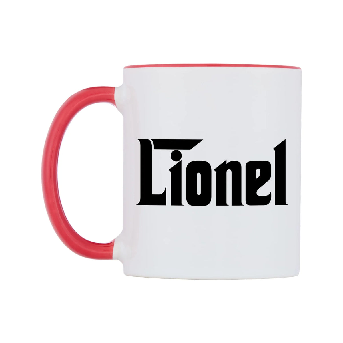 Lionel - Godfather Themed Mug — white 11oz gloss mug with a red inside and handle, right side, on a white background