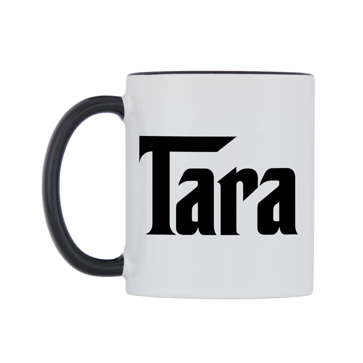 Tara - Godfather Themed Mug — white 11oz gloss mug with a black inside and handle, right side, on a white background
