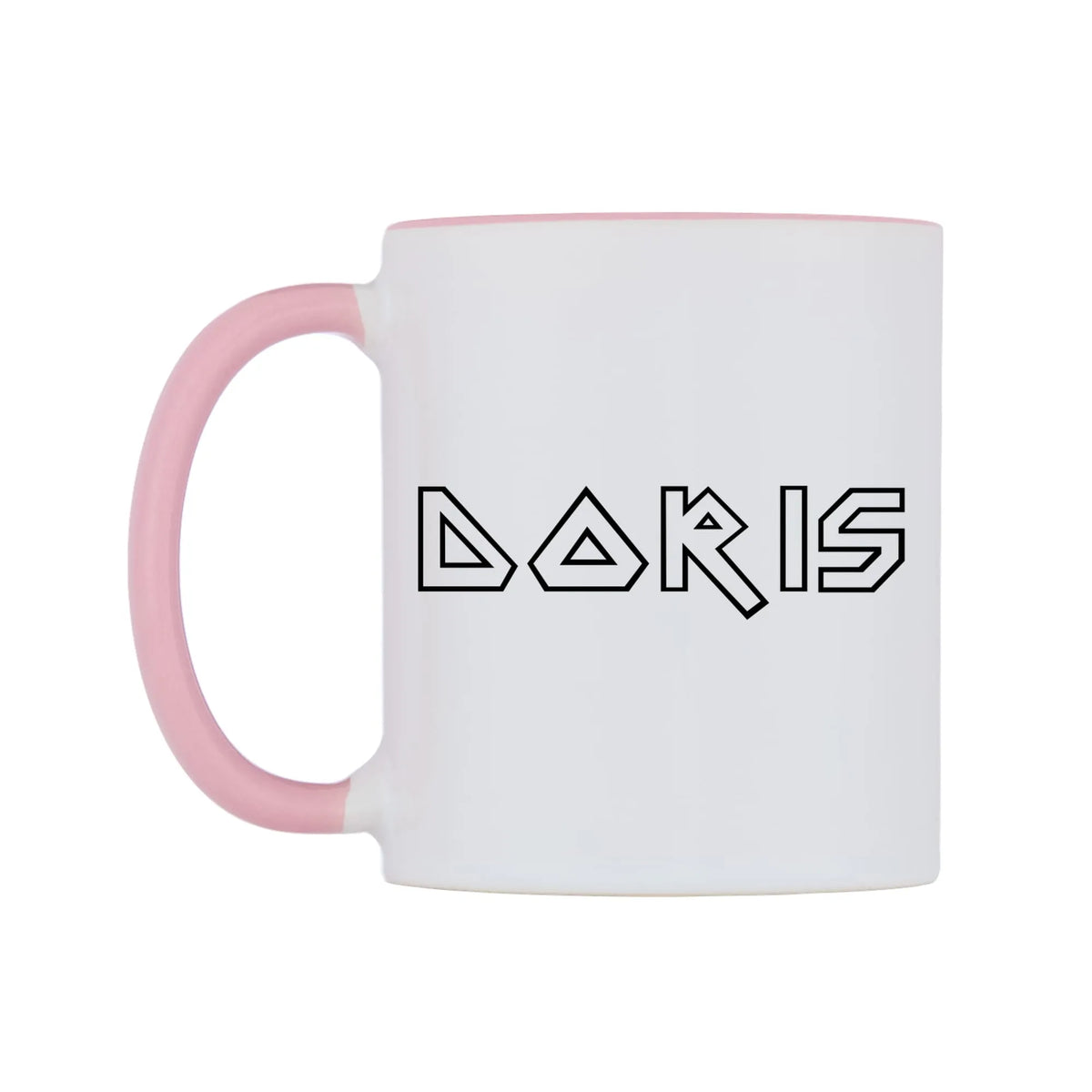 Doris - Iron Maiden Themed Mug — white 11oz gloss mug with a pink inside and handle, right side, on a white background